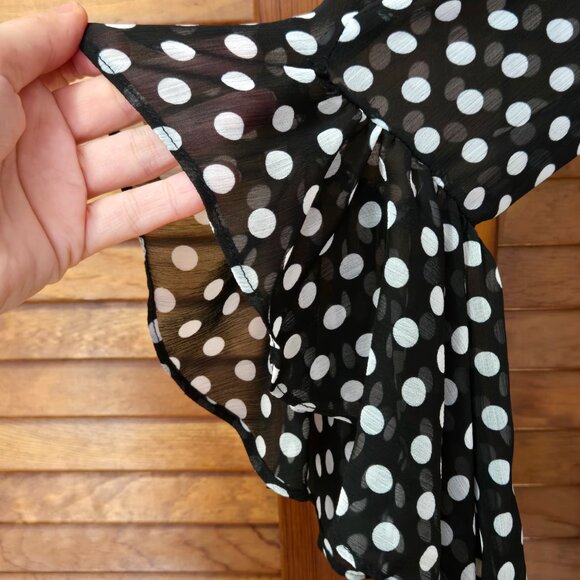 CALVIN KLEIN Black & White Polka-Dot Chiffon Bell-Sleeve Trapeze Shift Dress 2 - Picture 5 of 7